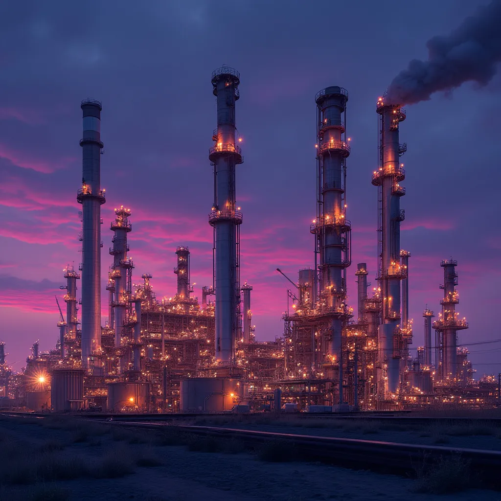Refinería iluminada de noche